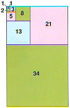 Squares equal in size to the Fibonacci numbers fit together to make this pattern